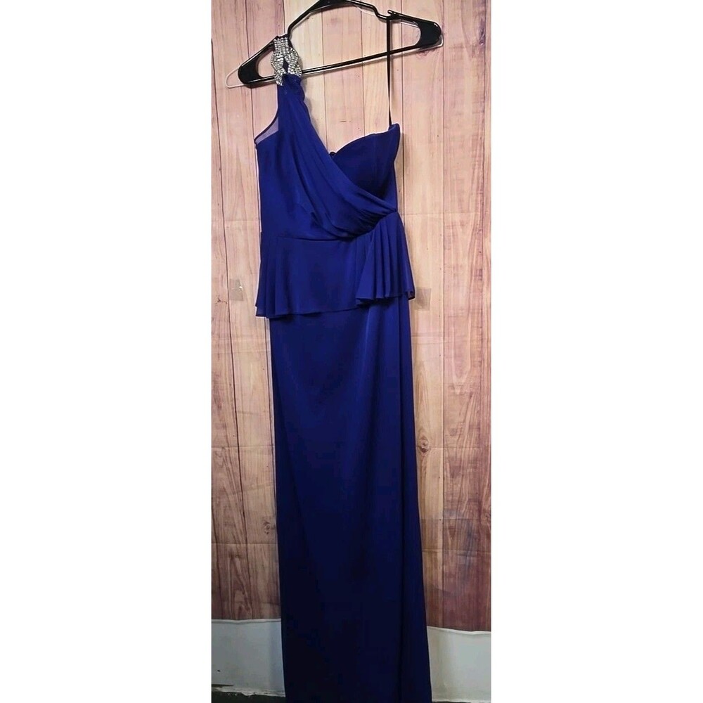 Joanna Chen Xscape Royal Blue Peplum One Shoulder Jewel Detail Prom Dress Size 8